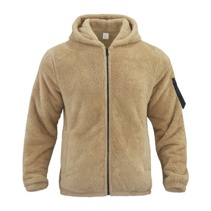 Plush hooded jacket in various colours, featuring a cosy design with a relaxed fit and convenient side pockets