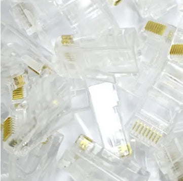 White RJ45 network modular plug with gold-plated contacts, shown alongside a pack of 1000 units.