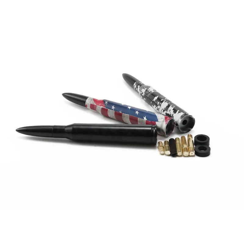 14cm long bullet car antenna shown in colour black, camouflage green, and American flag designs.