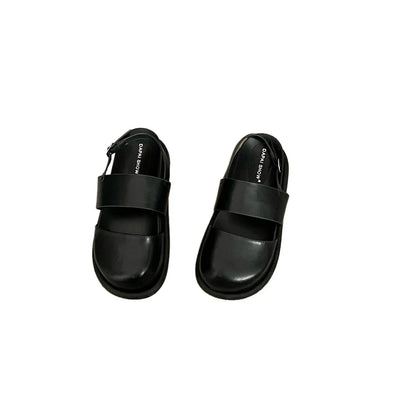 Retro Korean style closed toe sandals with ankle buckle in black, brown, and apricot colours