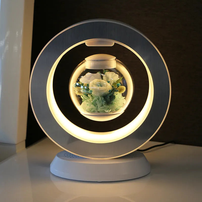 Magnetic levitation eternal rose lamp with rotating 15cm flower sphere above white base