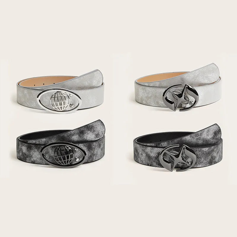 Retro thick women's belt with oval alloy buckle in earth style grey white colour