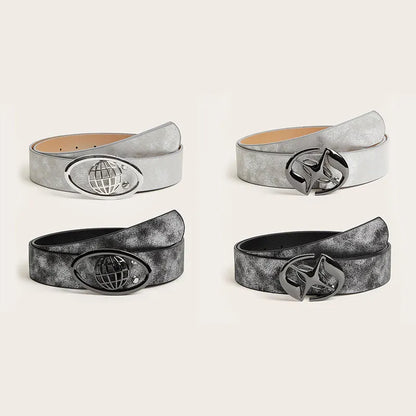 Retro thick women's belt with oval alloy buckle in earth style grey white colour
