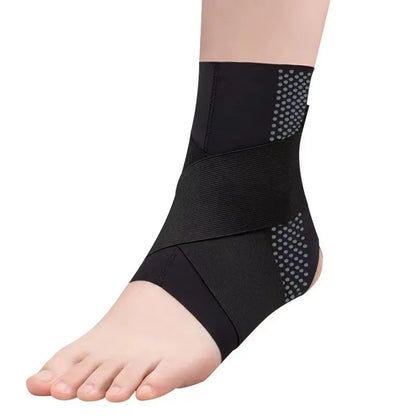 Black Lycra ankle support brace worn on an adult ankle.