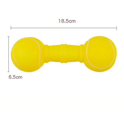 Non-toxic PVC football dumbbell shaped squeaky dog chew toy in brown, orange, white, or yellow.