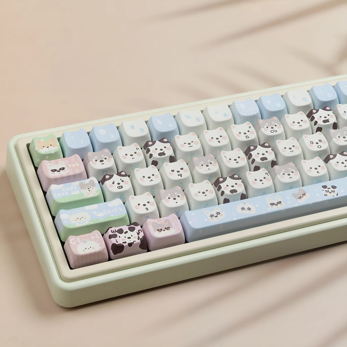 Full set of PBT key caps for mechanical keyboards with colourful cat and puppy designs