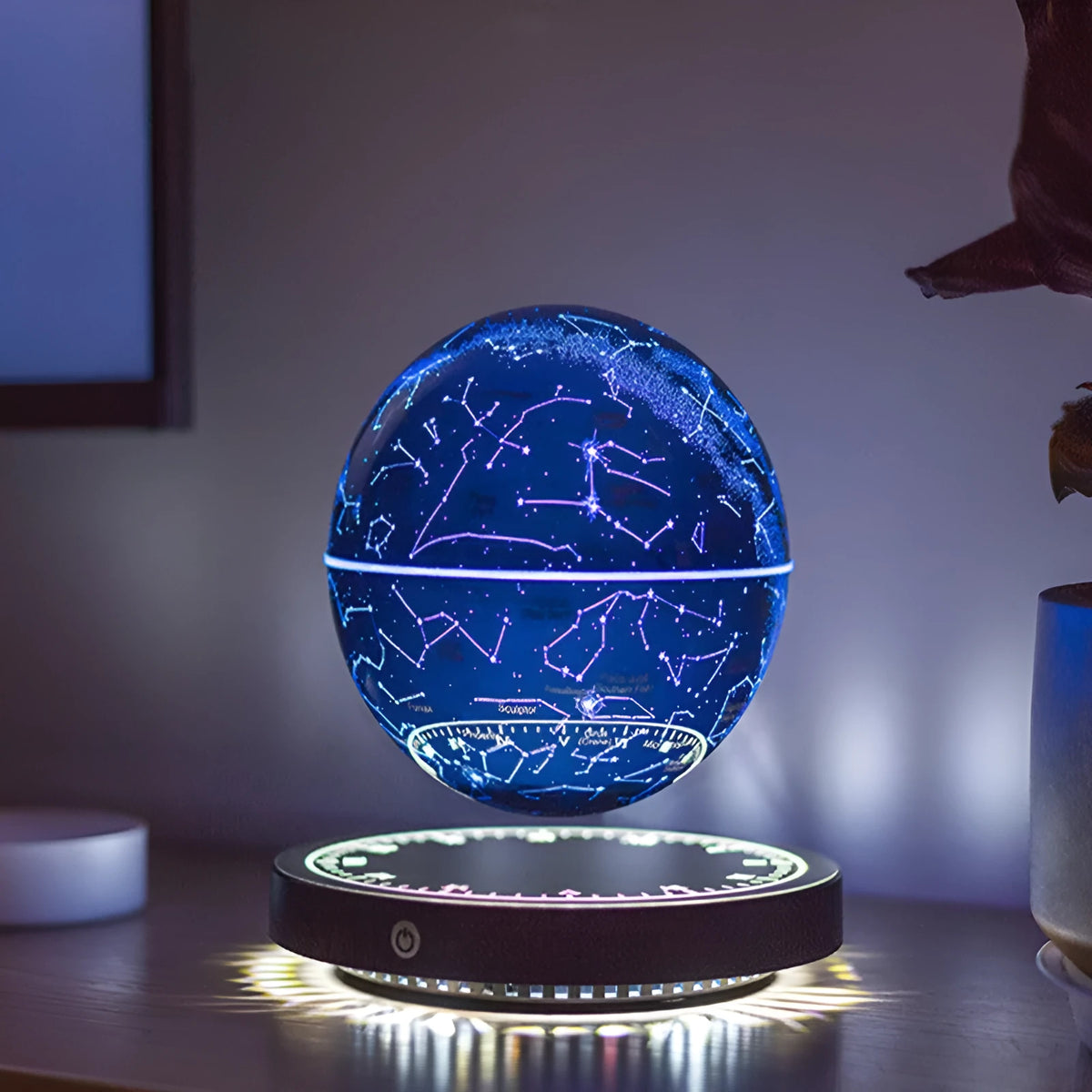 Black maglev moon lamp with floating star ball design, USB-powered modern minimalist bedside table light