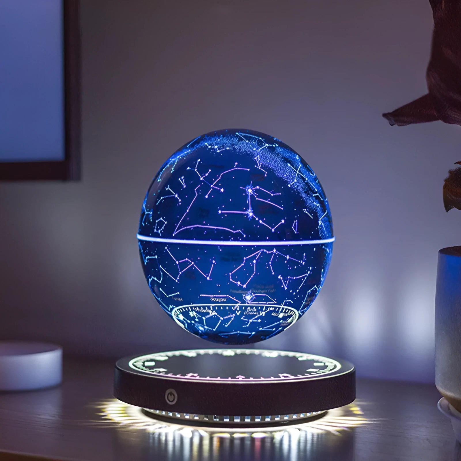 Black maglev moon lamp with floating star ball design, USB-powered modern minimalist bedside table light