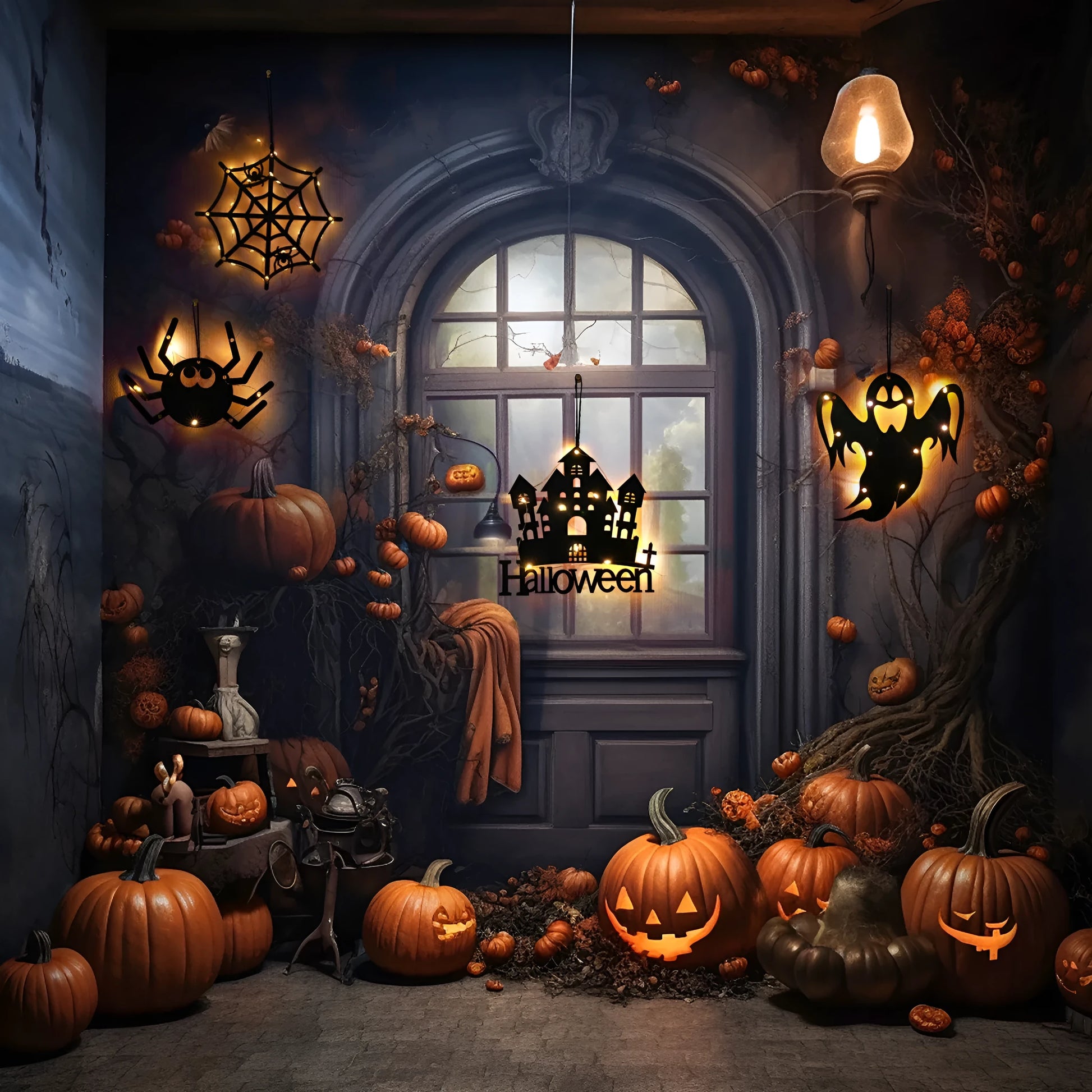 Halloween LED decorative lights with luminescent spider design showing eight colour options including bat, castle, black cat, pumpkin, wizard, ghost, spider, and spider web
