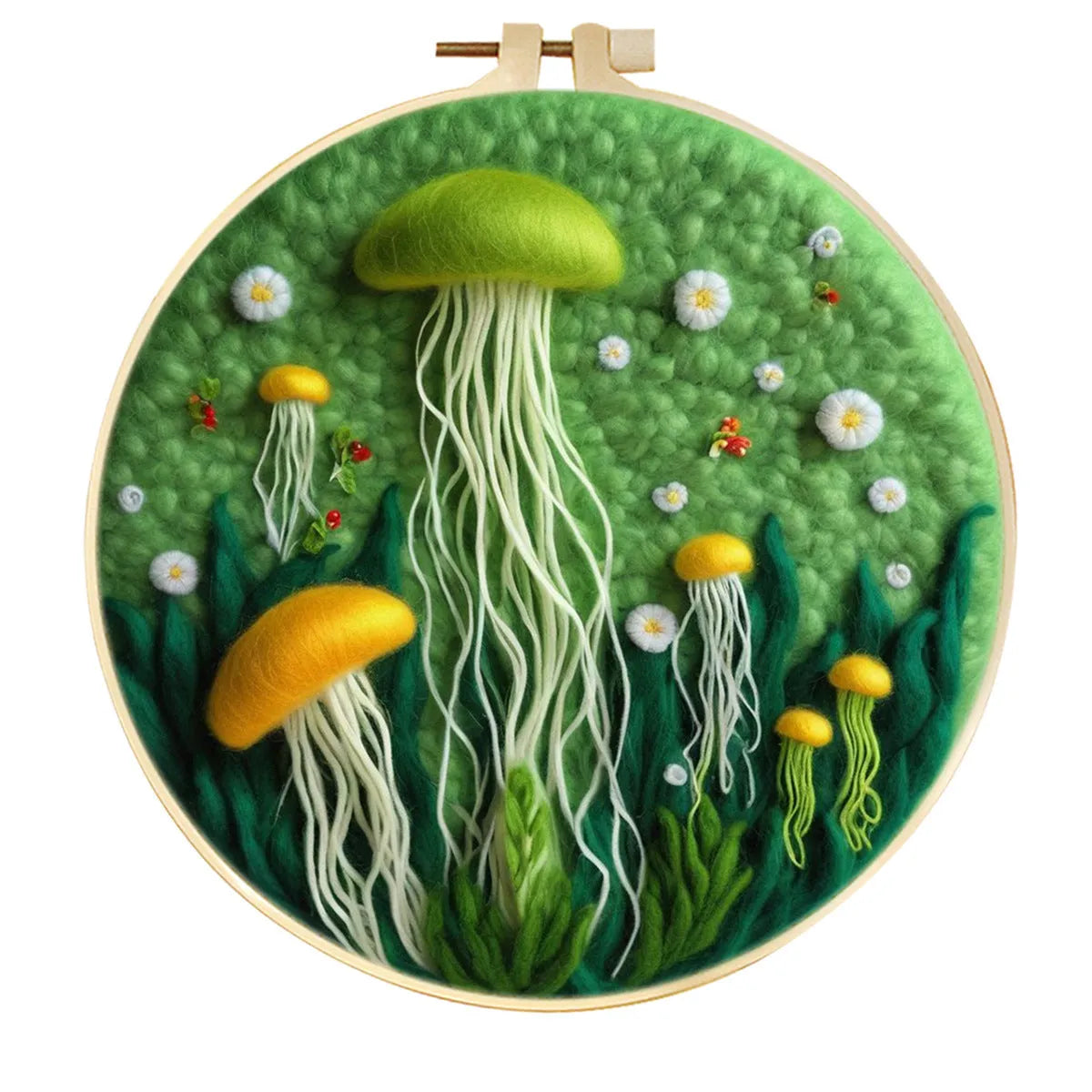 Round three-dimensional embroidery kit with linen fabric, wool felt pieces, and embroidery frame for 20x20 cm blanket painting