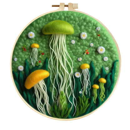 Round three-dimensional embroidery kit with linen fabric, wool felt pieces, and embroidery frame for 20x20 cm blanket painting