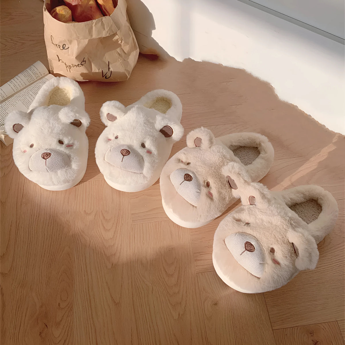 Women's cartoon-patterned suede plush slippers in milky white, shown with a rounded toe.