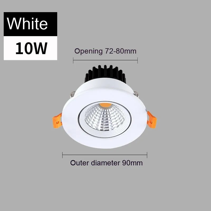 Modern aluminium recessed LED ceiling spotlight with three colour temperature settings shown installed.