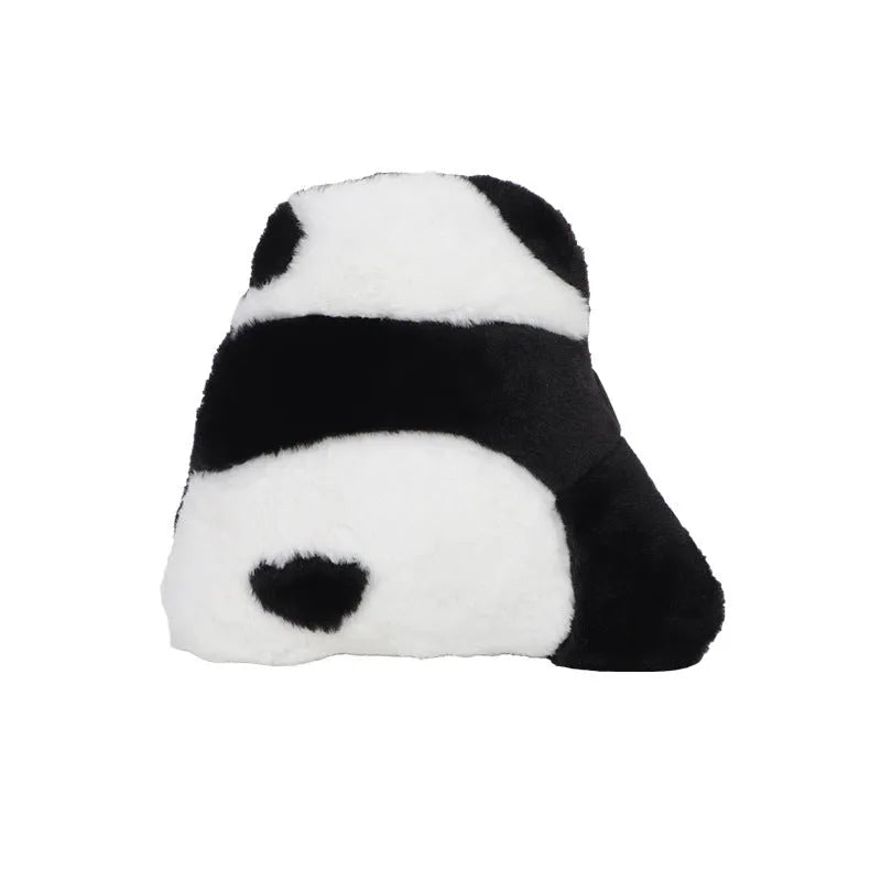 Cartoon panda design plush lumbar support cushion for car seats on a grey background.