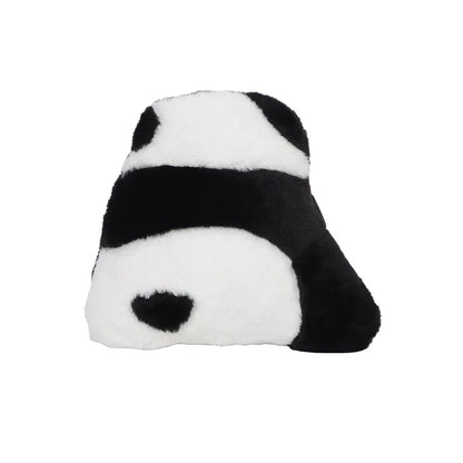 Cartoon panda design plush lumbar support cushion for car seats on a grey background.