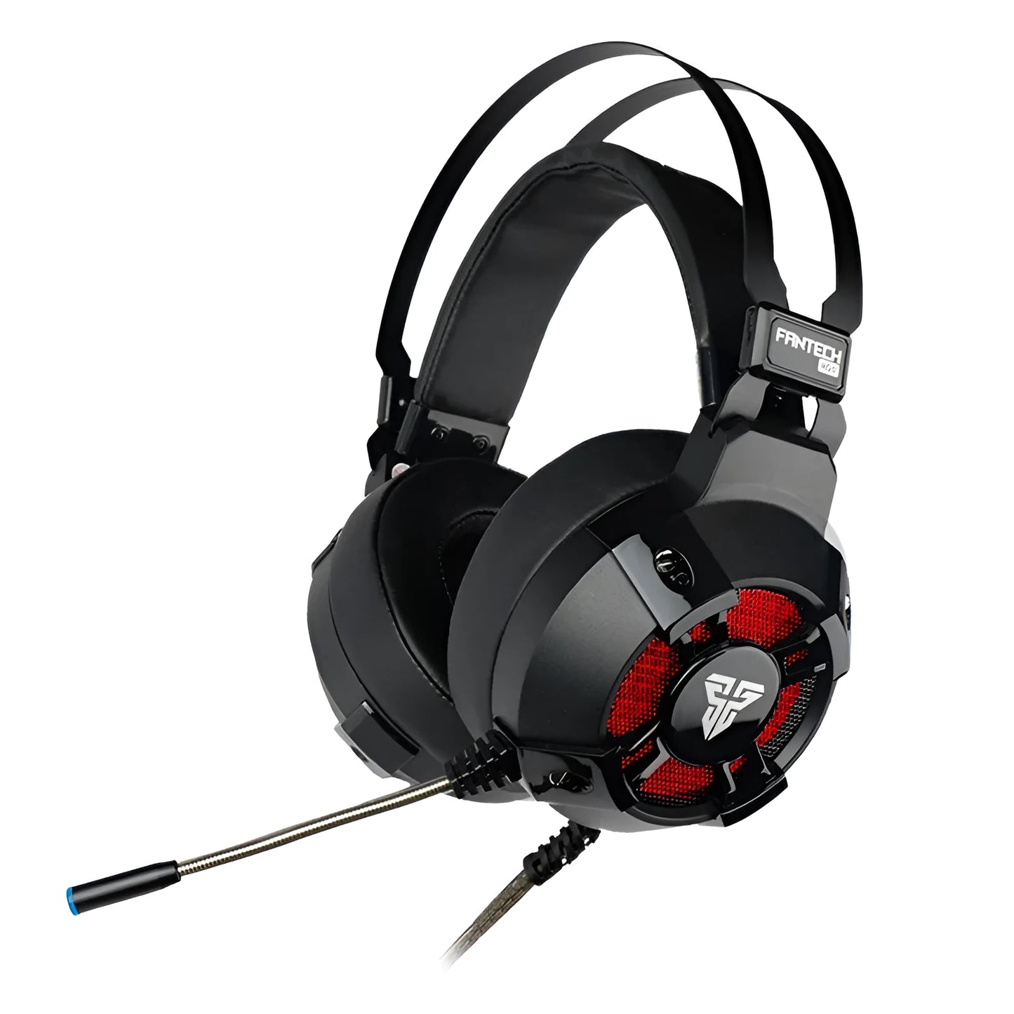 Black FANTECH HG11 USB gaming headset showing over-ear design, RGB lights on cups, and inline remote on cable.