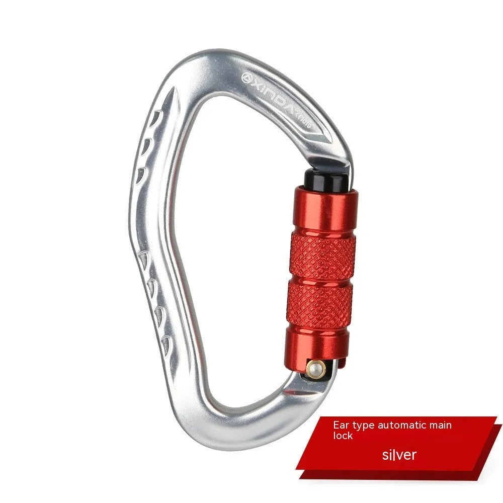 Automatic locking metal climbing carabiner with a manual safety screw on the gate, shown in silver finish.