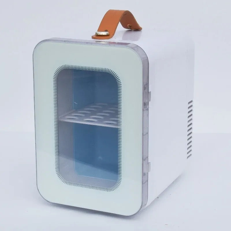 Pink mini refrigerator with transparent door showing 6L capacity for car and home hot cold dual use