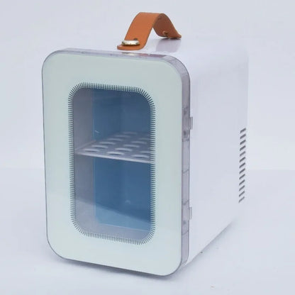 Pink mini refrigerator with transparent door showing 6L capacity for car and home hot cold dual use