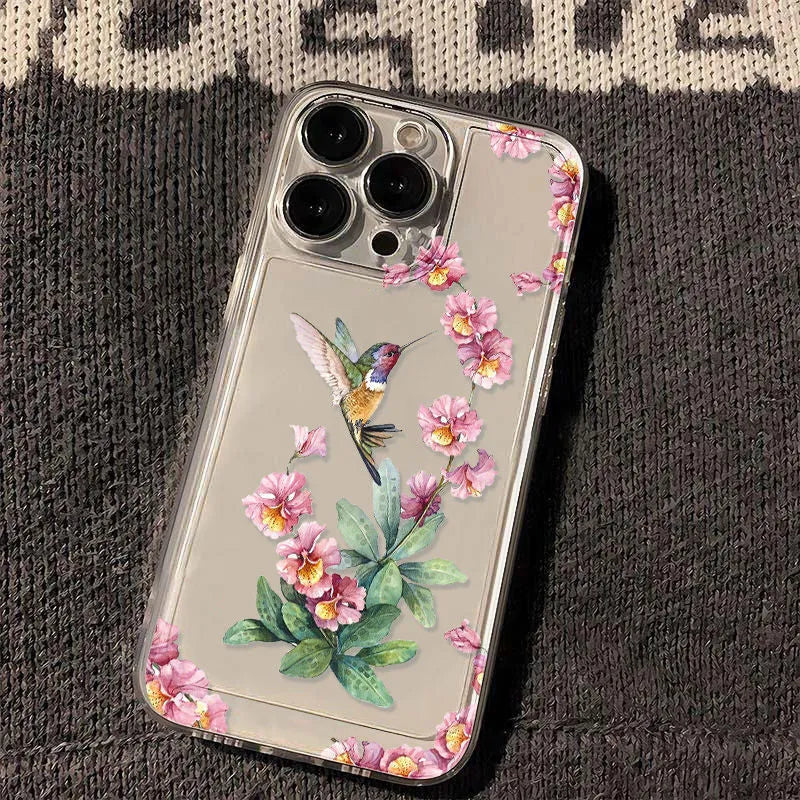 Flower Magpie fine hole all-inclusive TPU iPhone case in transparent or transparent black, shockproof and anti-fingerprint