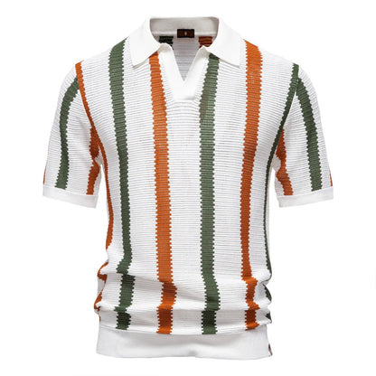 Men's breathable hollow stripe polo shirt sweater in chemical fibre blend fabric for business wear