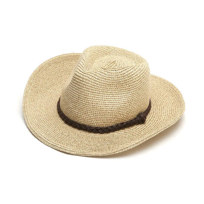 Men's foldable straw sun hat with wide brim in beige colour showing size options