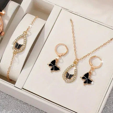 Women's 4PCS Butterfly Jewelry Set with diamond accents in red, pink, white, and black