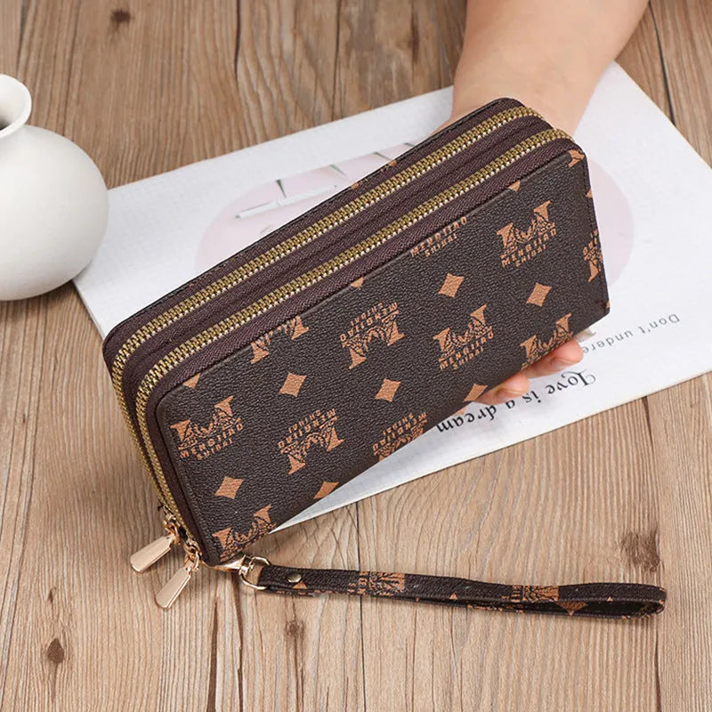 Black European retro style PU leather long wallet clutch open to show mobile phone pocket, coin purse, and zipper compartments