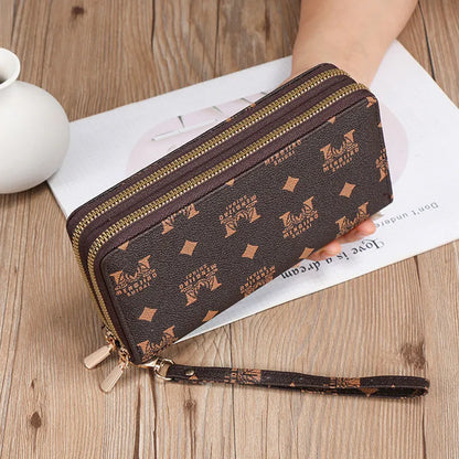Black European retro style PU leather long wallet clutch open to show mobile phone pocket, coin purse, and zipper compartments