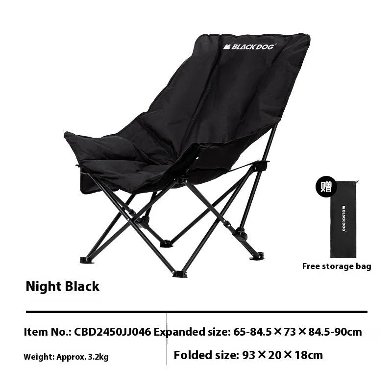 Night black folding camping recliner with Oxford cloth seat and moon chair style, shown in an outdoor setting.