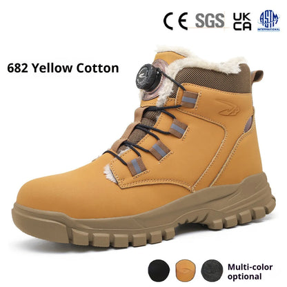 A pair of black leather labour protection safety shoes with rubber soles on a plain background.