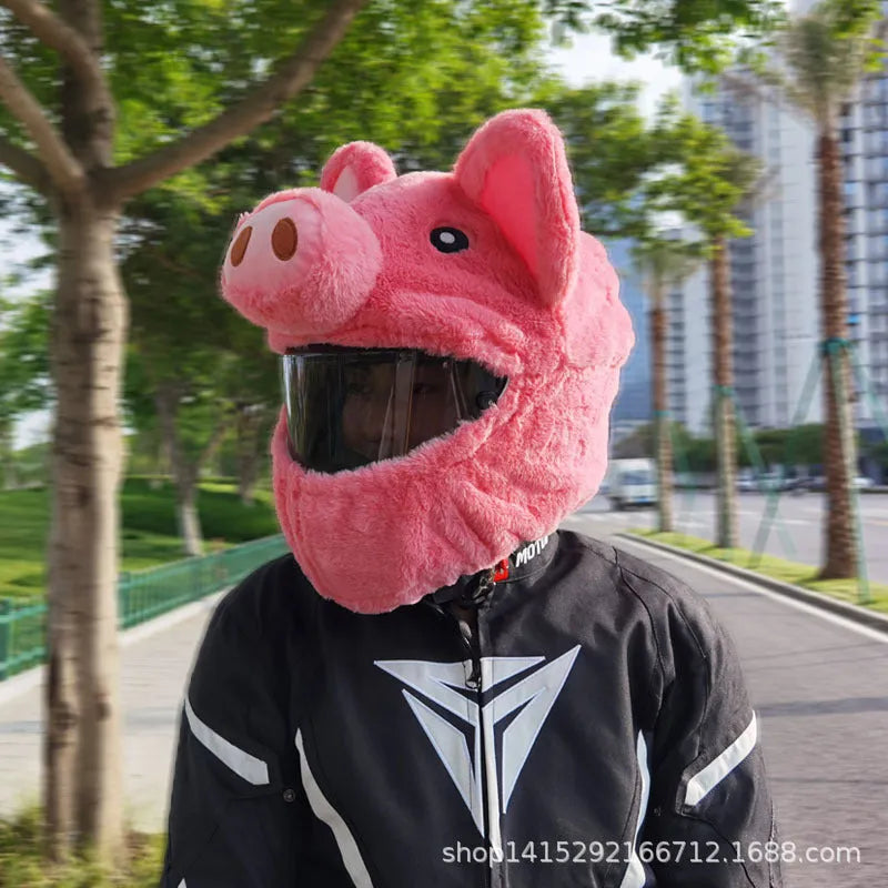 Pink pig cartoon plush helmet protective hood made from pv velvet cloth