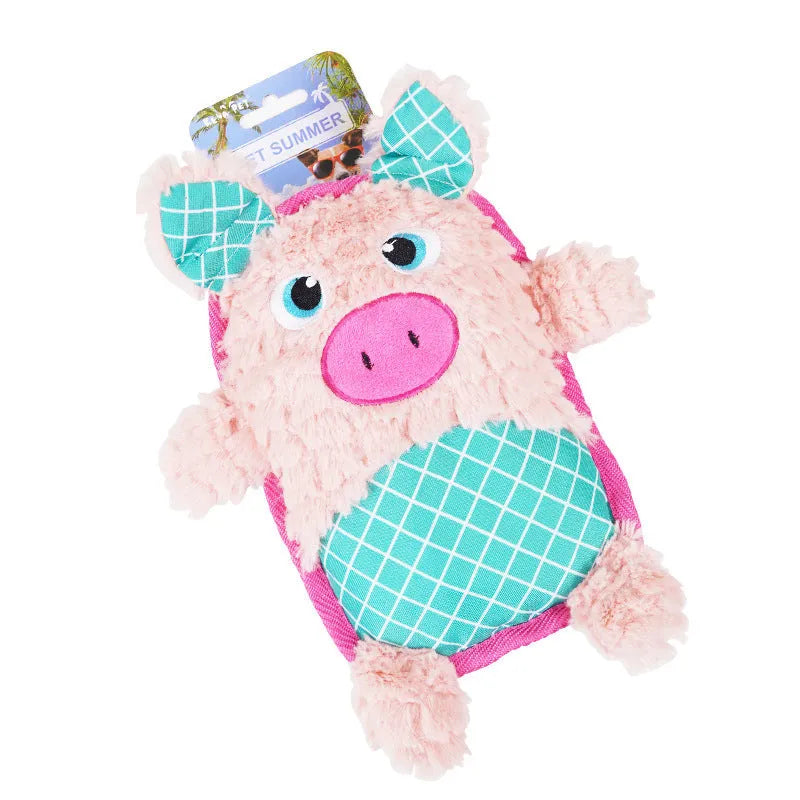 Blue, green, and pink stuffed plush dog toys with squeakers for bite-resistant chewing.