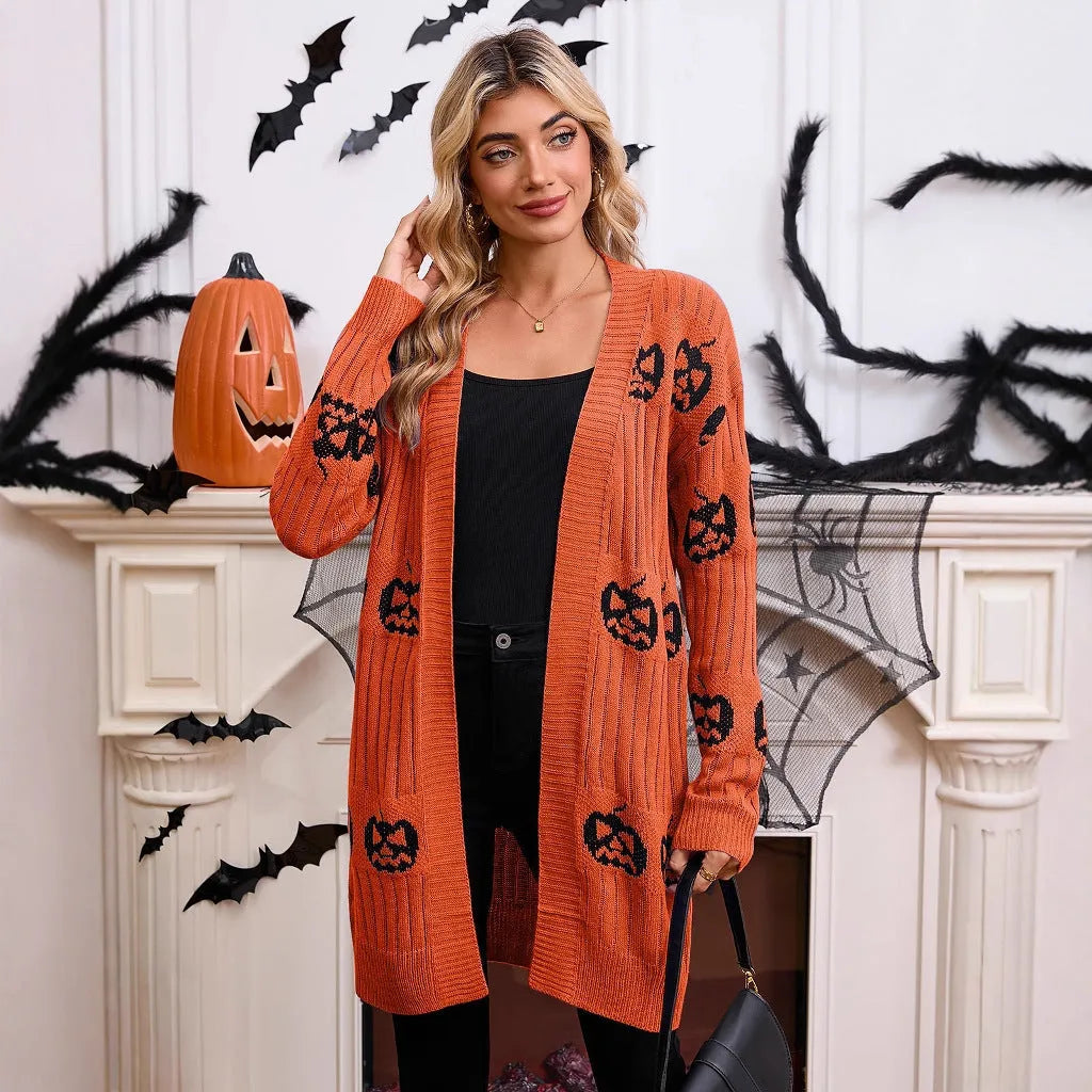 Women's black Halloween cardigan with orange pumpkin head jacquard pattern, regular sleeves, medium 65cm length