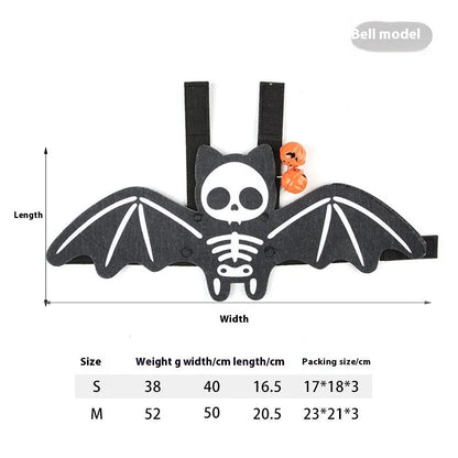 Halloween costume for a cat featuring batwing sleeves, made from felt, in orange pumpkin bat design.