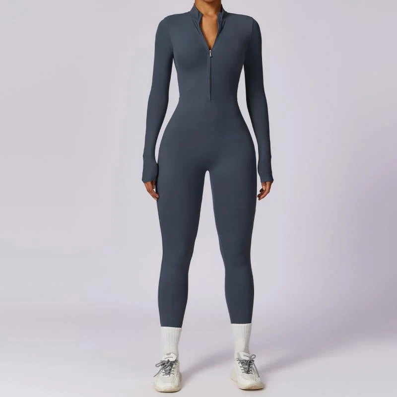 Seamless women's yoga jumpsuit with zipper for fitness and casual wear in various colors