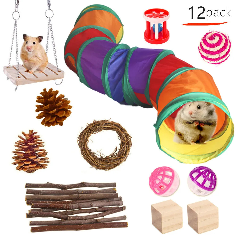 Assorted natural wooden chew toys for small pets including balls, rings, and mats on a plain background.