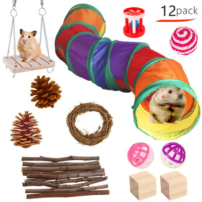 Assorted natural wooden chew toys for small pets including balls, rings, and mats on a plain background.