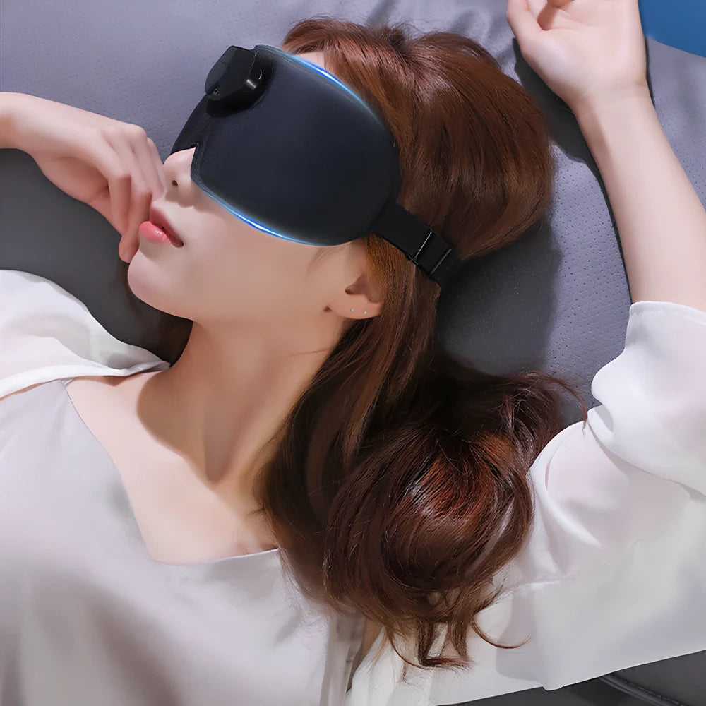 Black smart eye massager sleep mask with USB cable connection and sponge padding