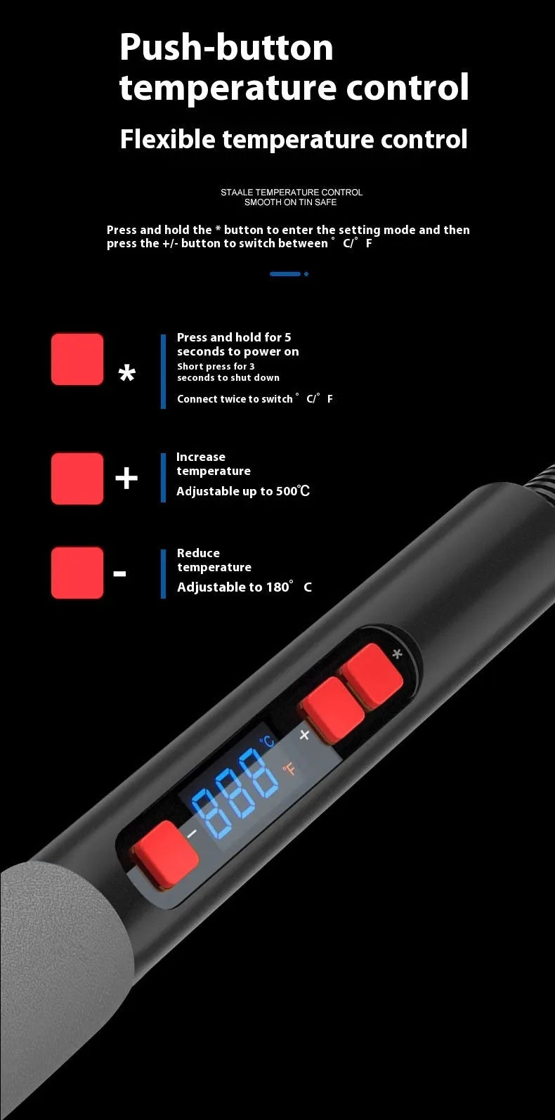 Gray 90W electric soldering iron with ceramic heating core, stand, and five soldering tips.