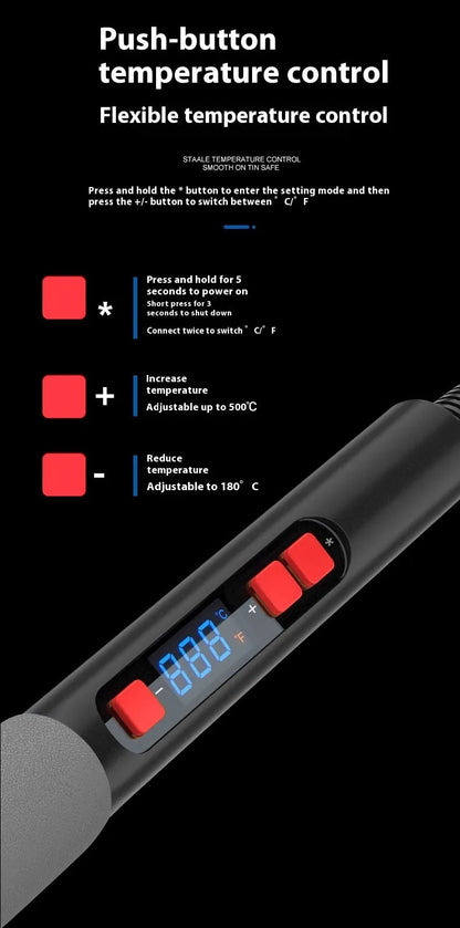 Gray 90W electric soldering iron with ceramic heating core, stand, and five soldering tips.