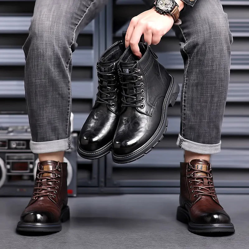 Women's All-matching Work Clothes Ankle Boots Fashion Haulage Motor Leather Boots with Low Square Heel, High-Cut Shaft Design in Black or Brown Rubber-Soled Options