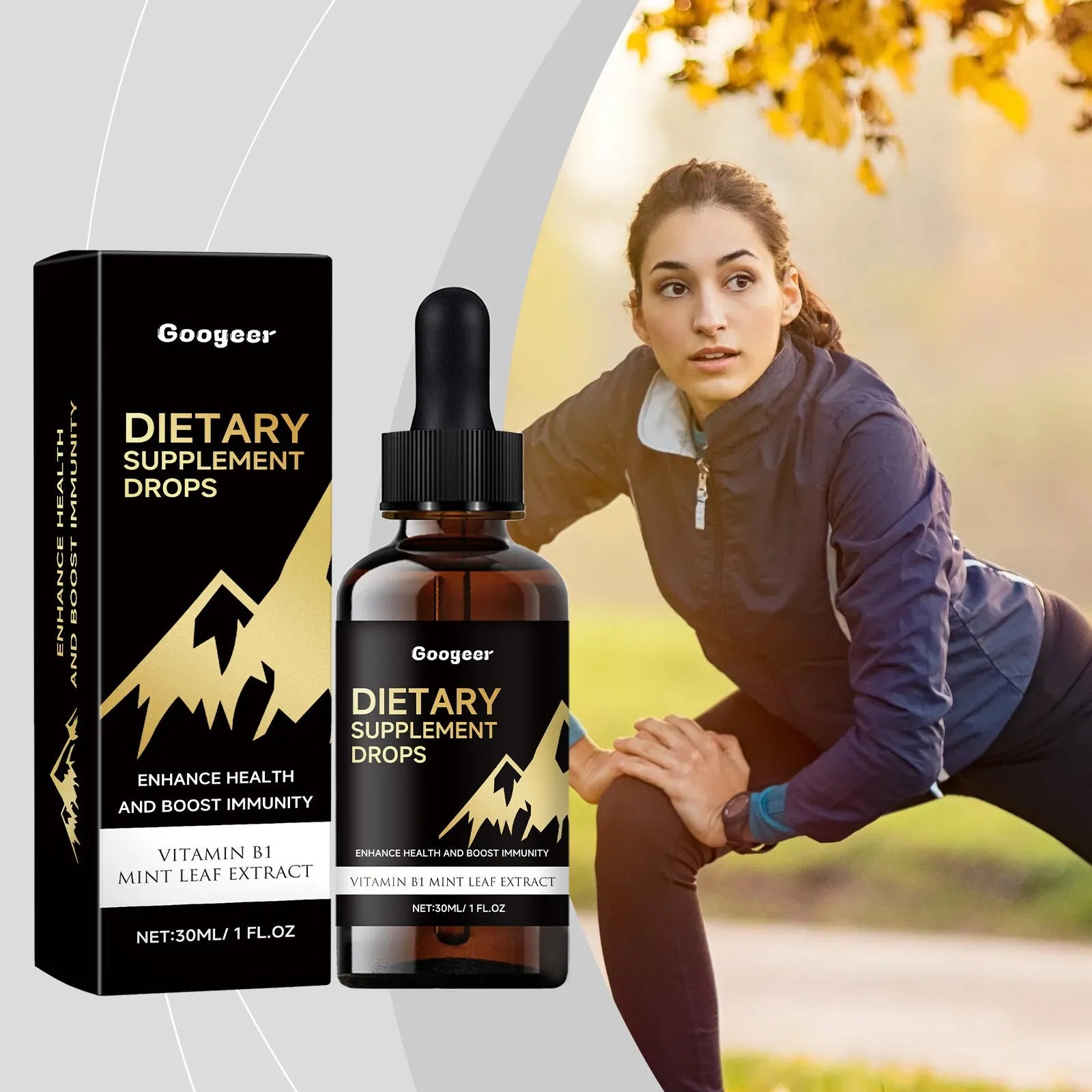 Liquid dietary supplement drops bottle with measurement dropper for precise dosage control