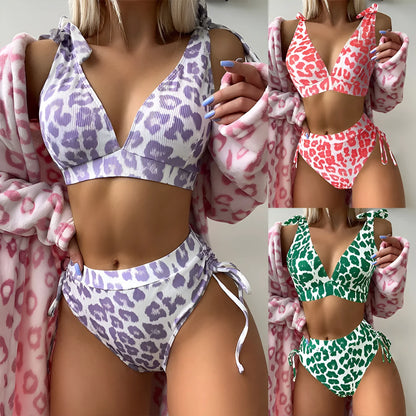 Women's purple leopard print lace-up high waist suit with sleeveless top and matching shorts