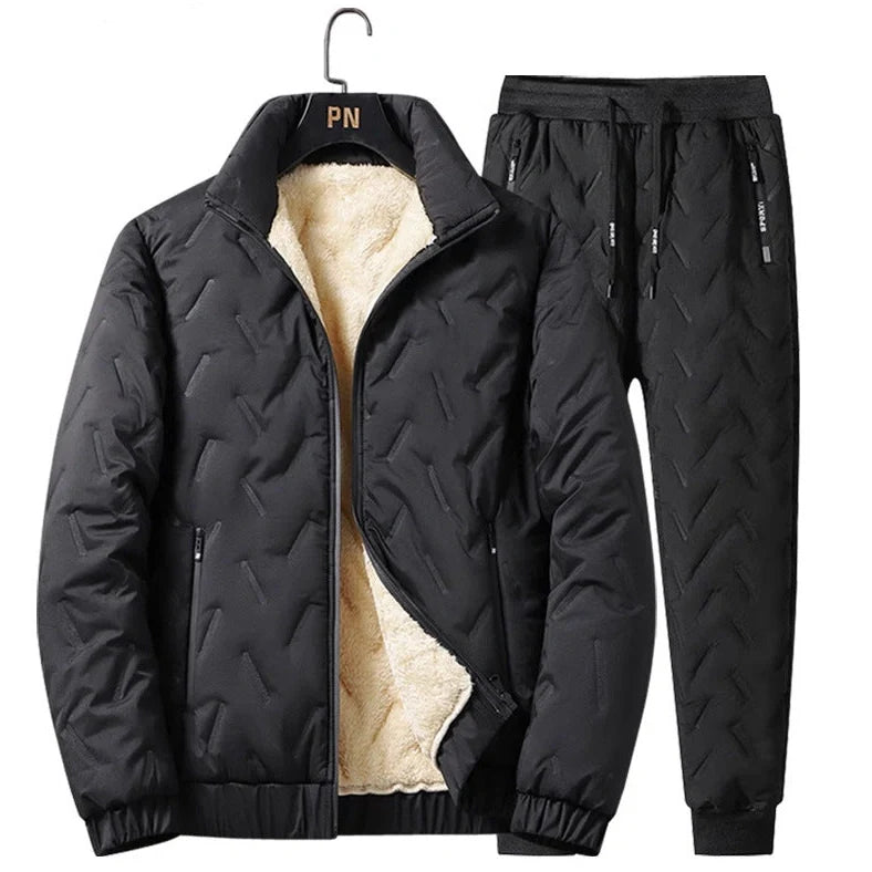 Men's grey fleece zipper jacket and tapered pants set with turn-down collar and zippered pockets