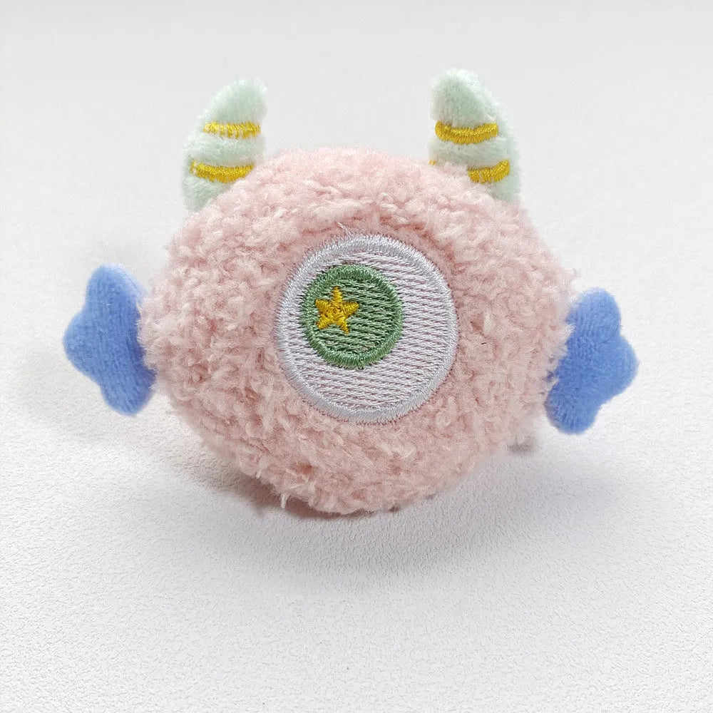 Plush cartoon dog chew toy with large eyes and squeaker in grey, green, pink, white or yellow