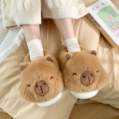Light brown women's fleece slippers with round toe design and PVC sole