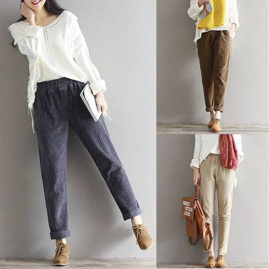 Plus Size Women's Thin Corduroy Trousers for autumn and winter casual wear