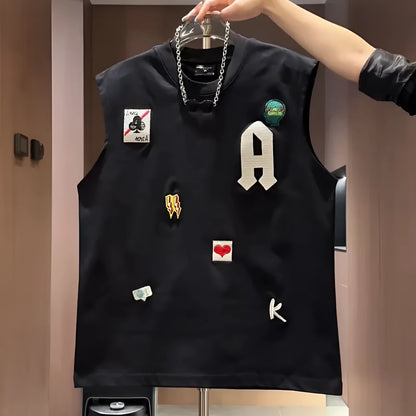 Men's white cotton sleeveless vest T-shirt with cartoon print design, loose fit