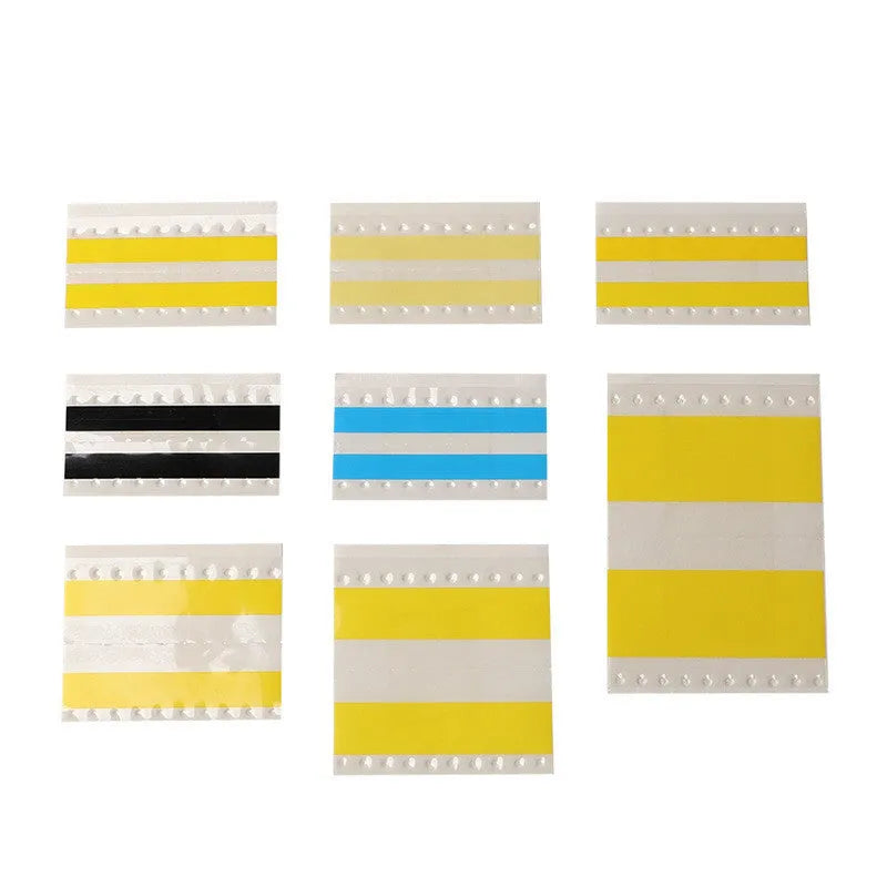 Box of SMT double-sided splicing tape on a factory bench, showing yellow tape in 8mm, 12mm, 16mm and 24mm widths.